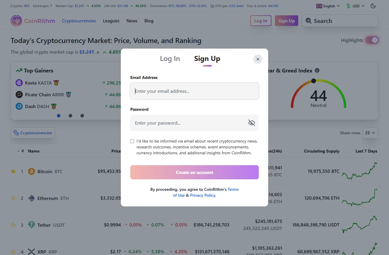 CoinRithm Sign-Up Screen